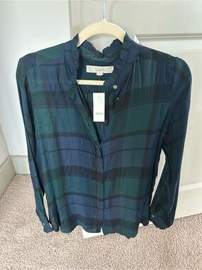 LOFT Green & Navy Plaid Ruffled Collar Button-Down Shirt